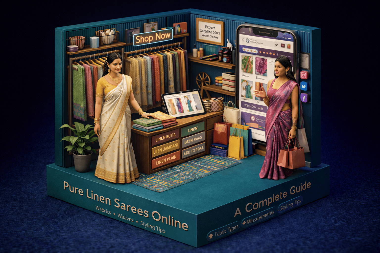 Pure linen saree with woven butta design showcasing breathable fabric and elegant texture