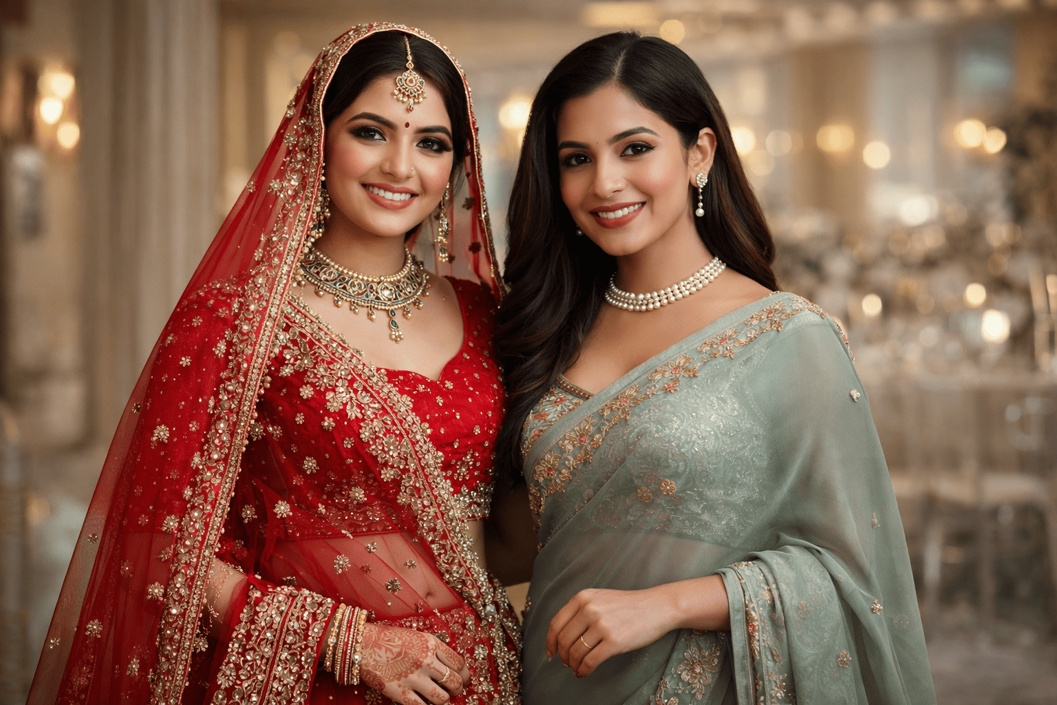 Beautiful young Indian women showcasing Indian bridal wear UK and stylish Indian saree fashion for modern brides in the UK